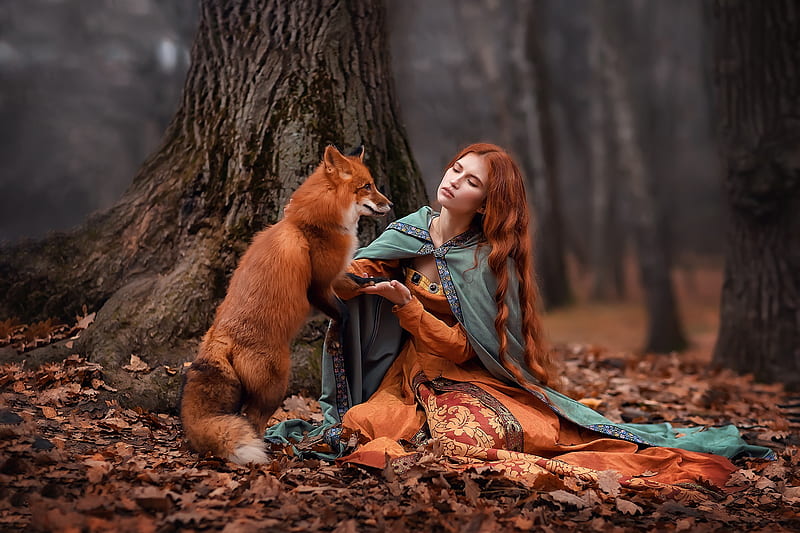 Girl With Fox, girls, fox, HD wallpaper
