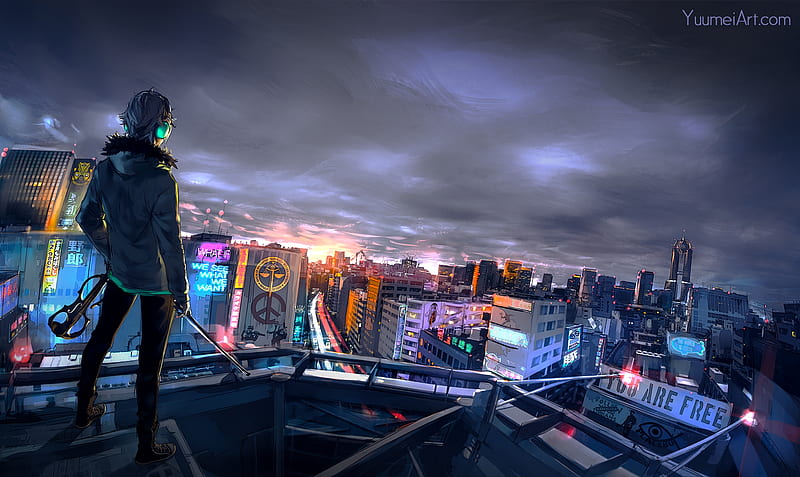 anime boy, hoodie, night, cityscape, rooftop, sword, Anime, HD wallpaper