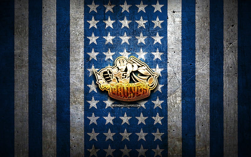 Syracuse Crunch flag, AHL, blue white metal background, american hockey team, Syracuse Crunch logo, USA, hockey, golden logo, Syracuse Crunch, HD wallpaper