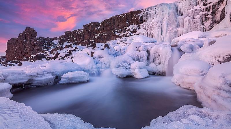 Waterfall River Iceland With Rock National Park During Sunset Winter, HD wallpaper