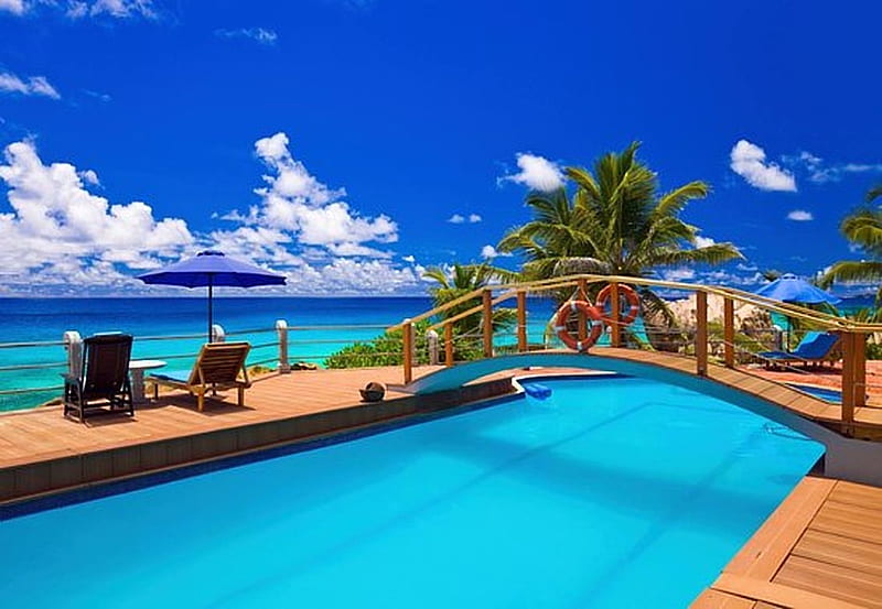 Pool at tropical beach, Chairs, Indian ocean, beach, Outside, Resort, Nature, HD wallpaper