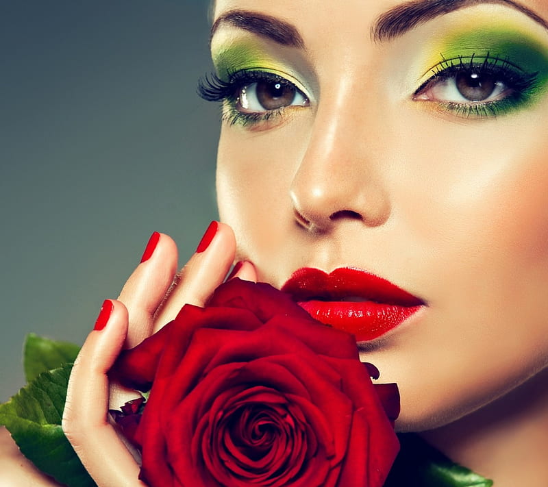 Belleza, rojo, modelo, rosa, mujer, labios, maquillaje, niña, verde, mano,  cara, Fondo de pantalla HD | Peakpx