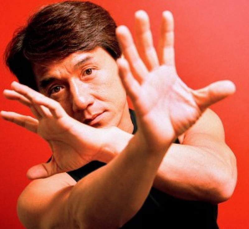 Jackie Chan, hands, red, pose, background, HD wallpaper | Peakpx