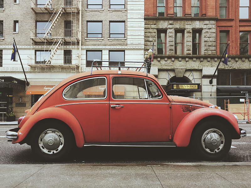 volkswagen beetle, side view, red, retro cars, buildings, urban, Vehicle, HD wallpaper