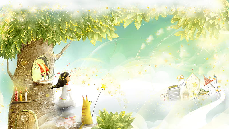 Tree of Magical Surprises, stars, town, firefox persona, sky, wizards, candles, pet, tree, fantasy, city, girl, mythical, whimiscal, princess, HD wallpaper
