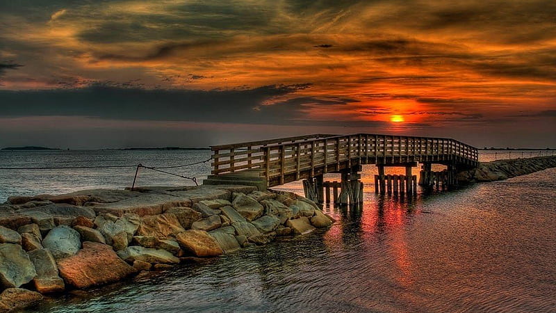 Stones And Bridge Between River Under Sunset And Cloudy Sky Sunset, HD wallpaper