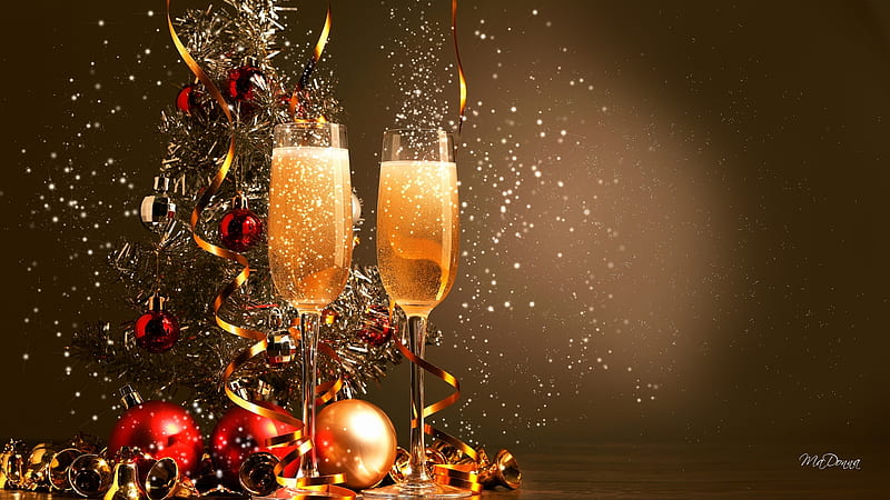 Christmas New Years Celebration, Christmas, holidays, New Years, shine, ribbons, sparkle, balls, decorations, New Years Eve, champagne glasses, celebrate, HD wallpaper