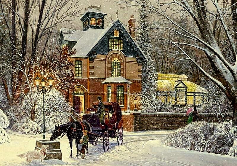 Victorian Holiday, street lantern, house, snow, buggytrees, horses, victorian era, dog, winter, HD wallpaper
