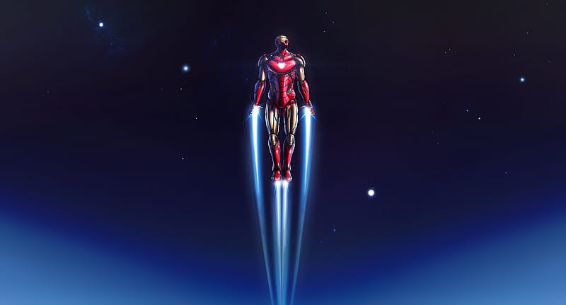Iron Man avenger, blue, hero, marvel, movie, red, sky, stars, HD wallpaper