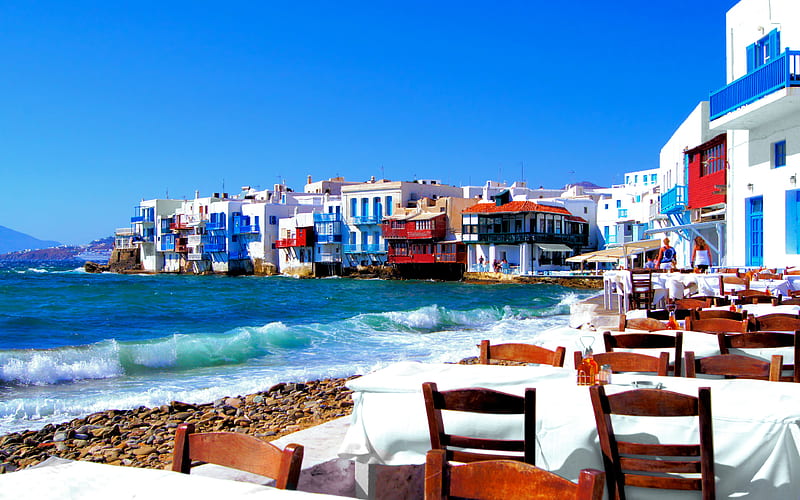 Mykonos, coast, cafe, summer, sea, Mykonos island, Greece, HD wallpaper