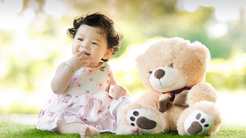Cute Baby Is Sitting On Green Grass Beside Bear Plush Toy During Daytime Cute, HD wallpaper