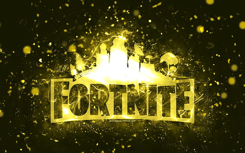Fortnite yellow logo yellow neon lights, creative, yellow abstract background, Fortnite logo, online games, Fortnite, HD wallpaper