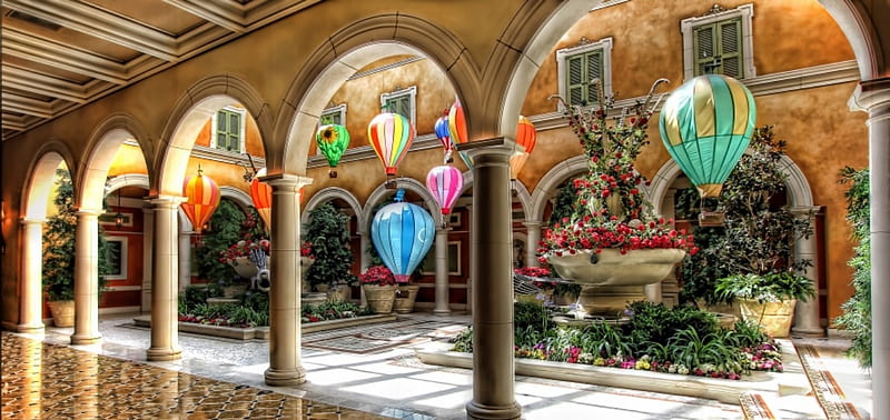 BALLOONS, colorful, air ballons, flowers, courtyard, HD wallpaper