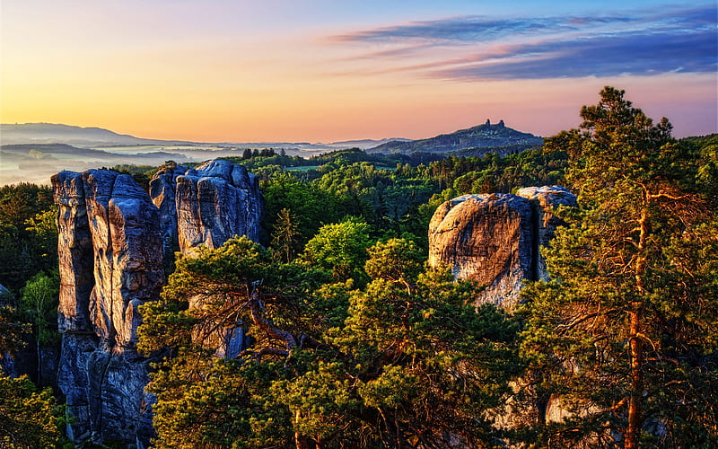 Czech Republic beautiful nature, sunset, cliffs, mountains, summer, Europe, nature reserve, czech nature, HD wallpaper