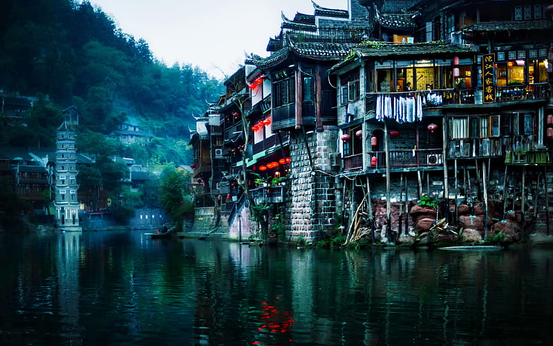 Fenghuang foggy weather, river, China, Asia, HD wallpaper