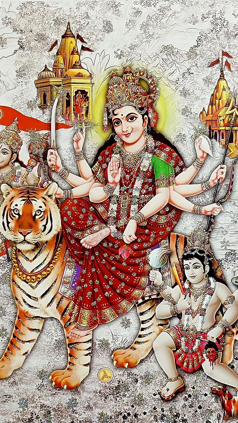 Bhagawati with Hanuman and Bhairav - (Poster with Glitter) | Durga maa,  Devi durga, Durga goddess