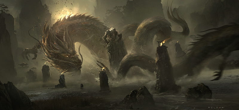 fantasy creature, artwork, multi-headed dragon Fantasy, HD wallpaper