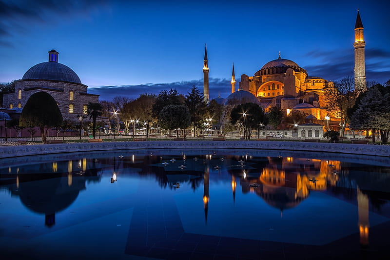 Mosque, Reflection, Ayasofya, Istanbul, Hagia Sophia, Night, Architecture - Resolution:, HD wallpaper