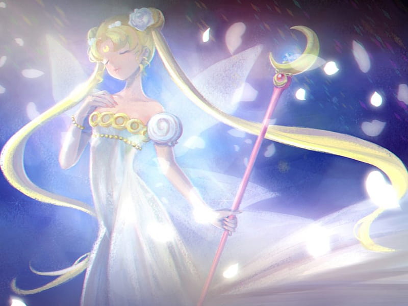 Serenity, staff, pretty, magic, sweet, nice, anime, sailor moon, beauty, anime girl, weapon, long hair, lovely, twintail, gown, blonde, dress, glow, blond, bonito, magical girl, light, sailormoon, female, wand, rod, blonde hair, twintails, twin tails, princess serenity, blond hair, girl, princess, HD wallpaper
