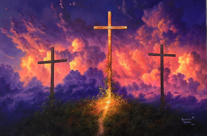 Old Rugged Cross, painting, path, colors, crosses, clouds, sky, hill, artwork, HD wallpaper