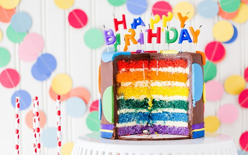 Happy Birtay!, cake, candle, colorful, food, rainbow, birtay, dessert, sweet, HD wallpaper