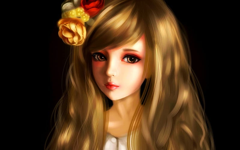 Blonde girl, red, art, rose, black, yellow, blonde, doll, fantasy, girl, flower, beauty, HD wallpaper