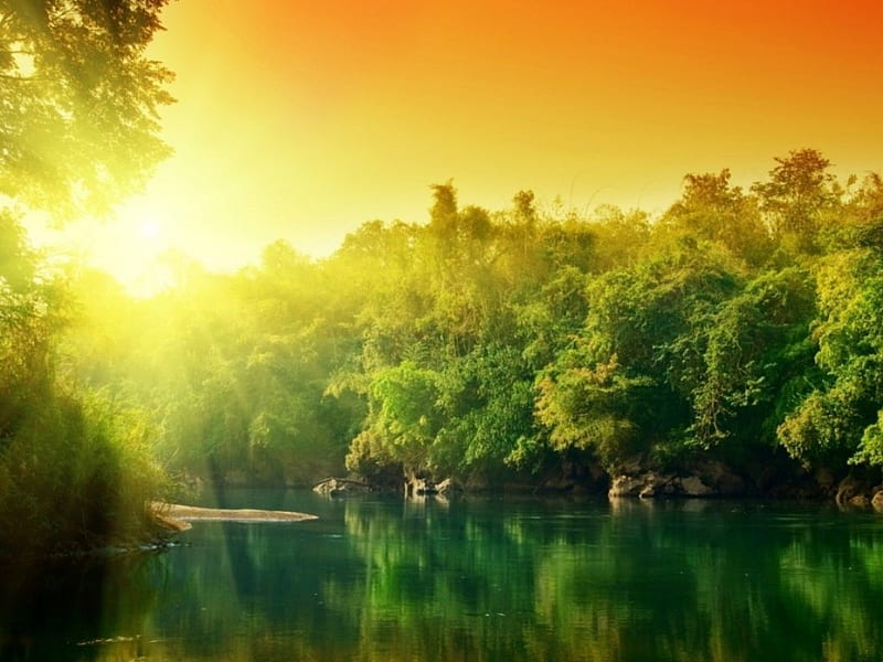 Sunrise over the green lake, forest, water, green, fresh, sunrise, lake, HD wallpaper