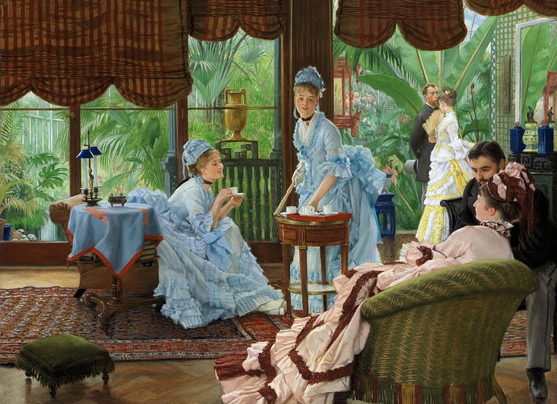 In the Conservatory, art, woman, girl, green, painting, james tissot, white, pictura, blue, HD wallpaper