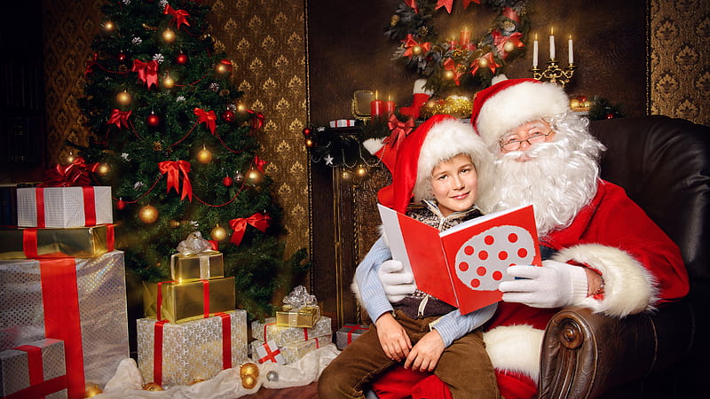 Boy Is Sitting On Santa Claus' Lap Nearyby Decorated Christmas Tree And Gift Boxes Christmas Tree, HD wallpaper