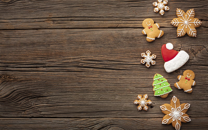 Christmas cookies, Happy New Year, wooden boards texture, Christmas, cookies, christmas tree, HD wallpaper