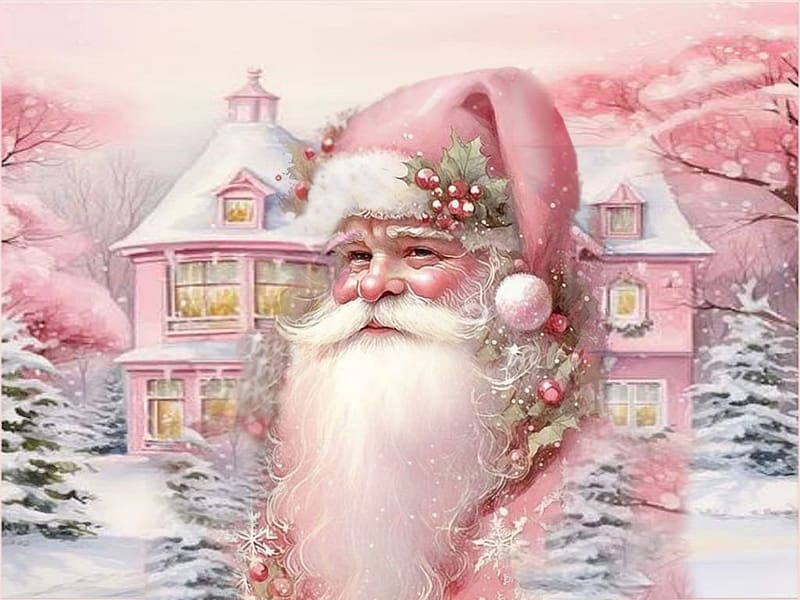 Santa In Pink Portrait, Santa, snow, house, soft, beard, hat, colorful, pastel, white, pink, HD wallpaper