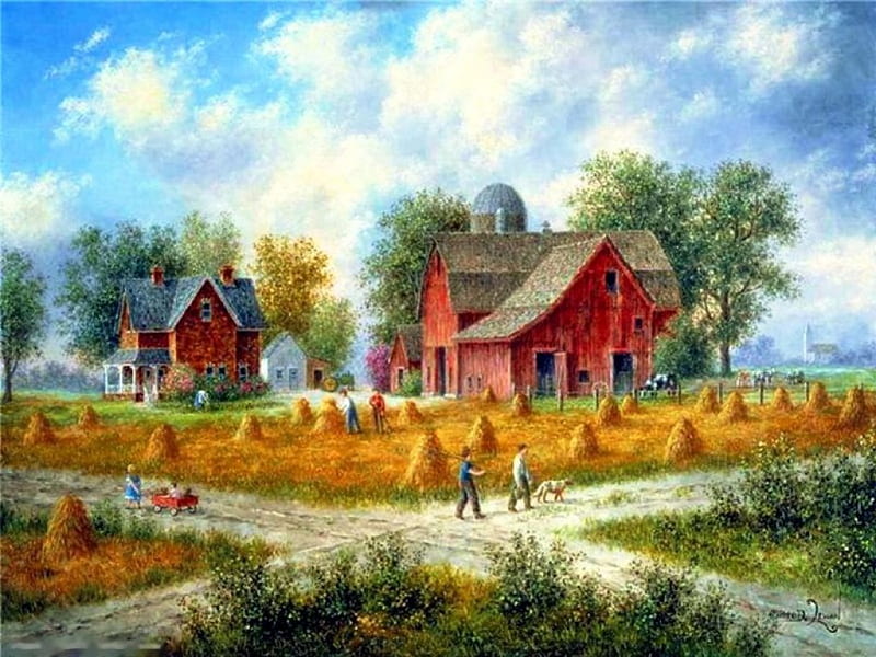 Harvest Time, farm, people, painting, straw, artwork, landscape, HD wallpaper