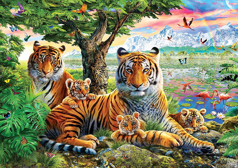 Tiger family, family, fantasy, luminos, adrian chesterman, cub, tiger, tigru, HD wallpaper