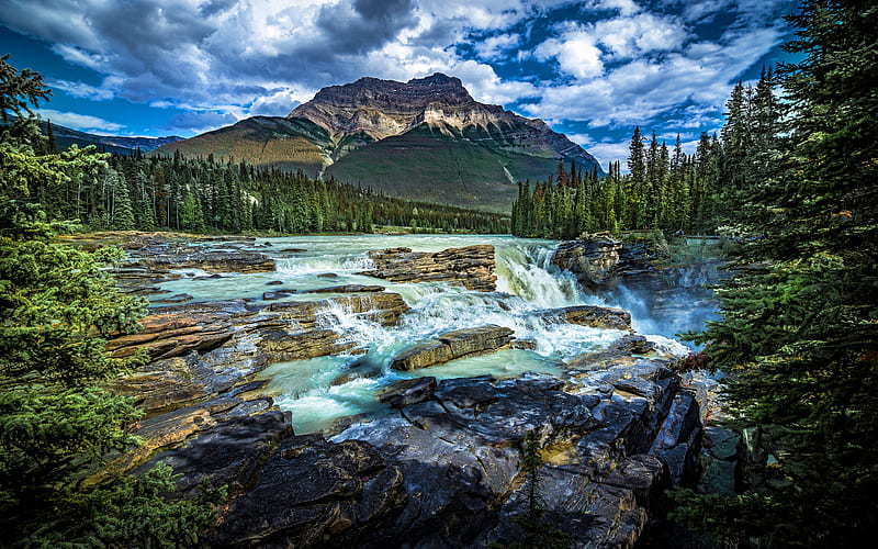 Jasper National Park, waterfalls, cliffs, summer, Alberta, Canada, mountains, beautiful nature, R, HD wallpaper