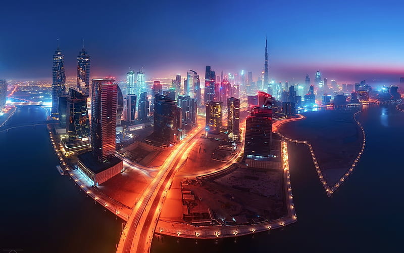 Dubai, night, fog, city lights, skyscrapers, UAE, nightlife, Burj Khalifa, HD wallpaper