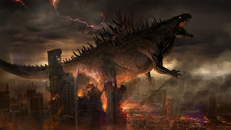 Godzilla Attacking City With Background Of Clouds And Lightning Movies, HD wallpaper