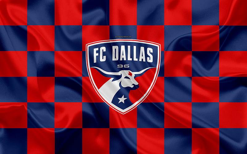 FC Dallas logo, creative art, red blue checkered flag, American Soccer club, MLS, emblem, silk texture, Dallas, Texas, USA, football, Major League Soccer, HD wallpaper
