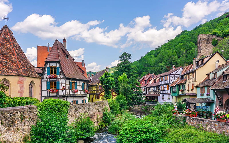 Kaysersberg, old houses, river, summer, France, Europe, HD wallpaper
