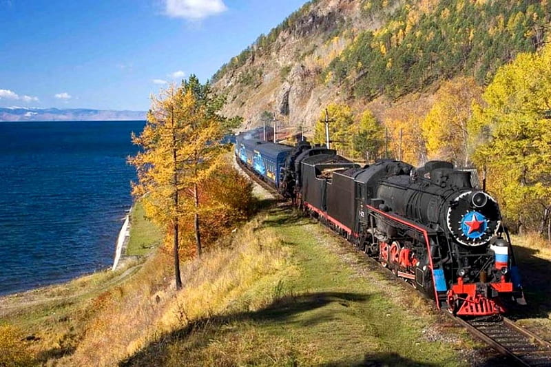 Bajkal Lake Express, autumn, water, train, russia, steam, railways, landscape, HD wallpaper