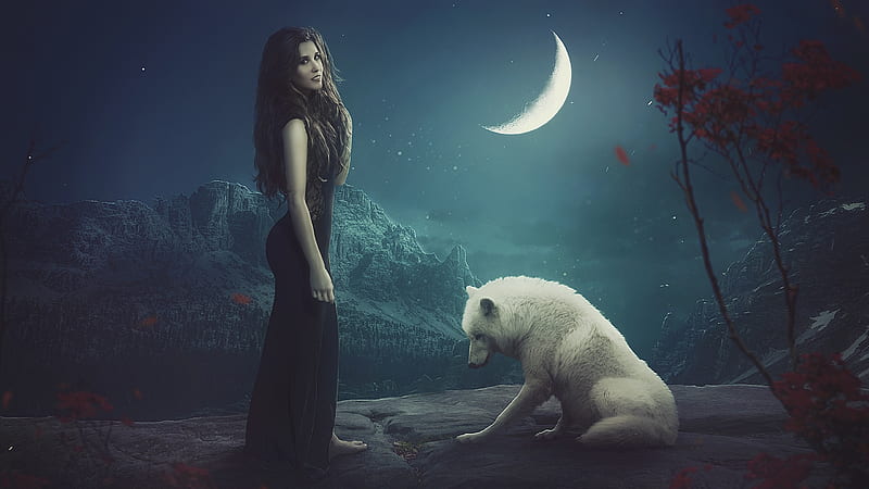 white wolf and woman, crescent, stars, Fantasy, HD wallpaper