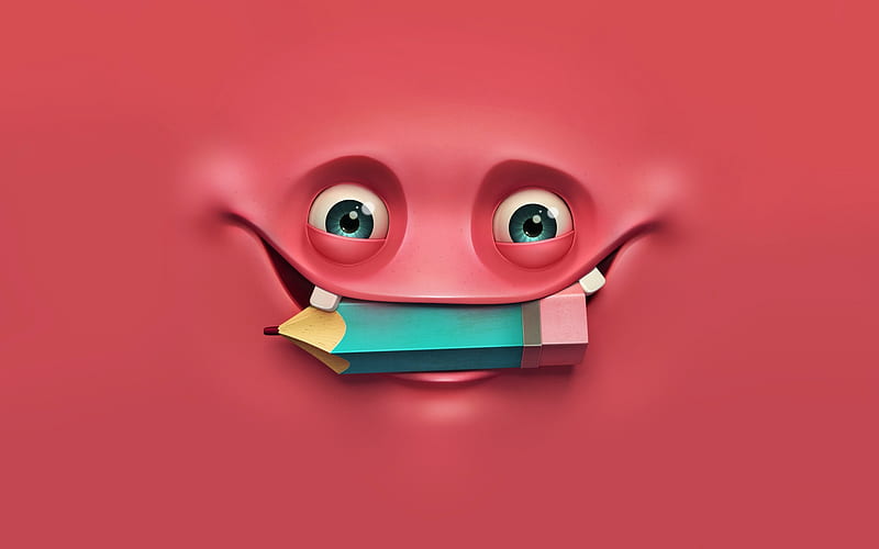happy emotion, smile, education concepts, emotion icons, pencil in the teeth, rendering, HD wallpaper