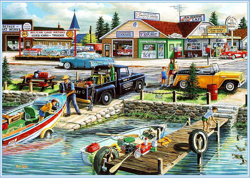 Lakefront Treasury, carros, boat, garage, street, artwork, HD wallpaper