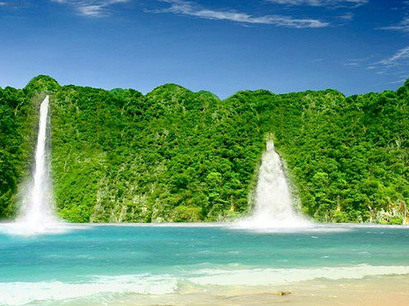 Water Falls in the Green Hills on the Beach, water, green, flowing,  waterfall, HD wallpaper | Peakpx