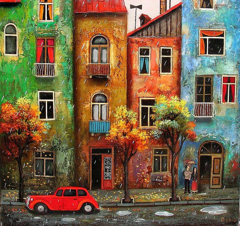 David Martiashvili. Indian summer, building, art, house, car, painting, david martiashvili, HD wallpaper