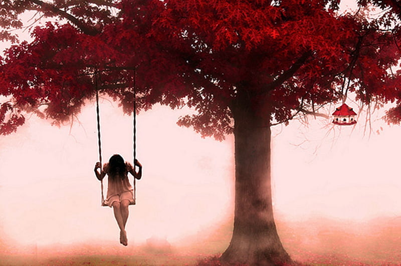Sad Woman, tree, fantasy, girl, sad, abstract, pink, art work, HD wallpaper