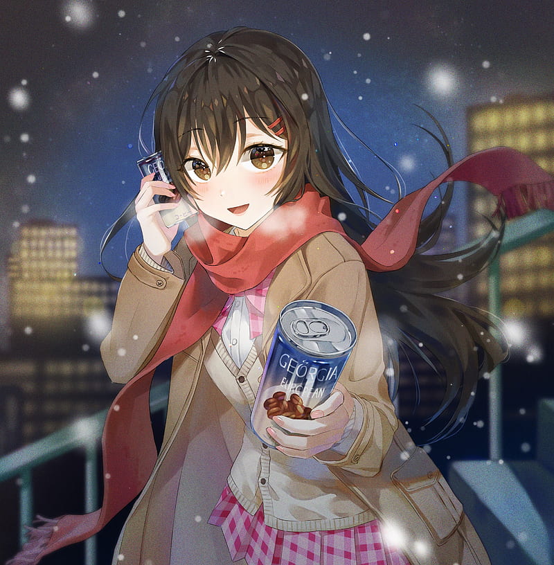 anime school girl, coffee, cold, winter, black hair, red scarf, Anime, HD phone wallpaper