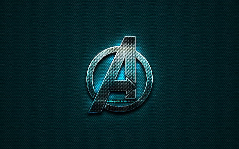 Avengers glitter logo, creative, 2019 movie, blue metal background, Avengers logo, brands, Avengers, HD wallpaper