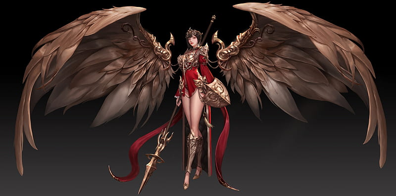 Angel, luminos, phoenix, girl, torgerson seo, knight, red, wings, brown, fantasy, HD wallpaper