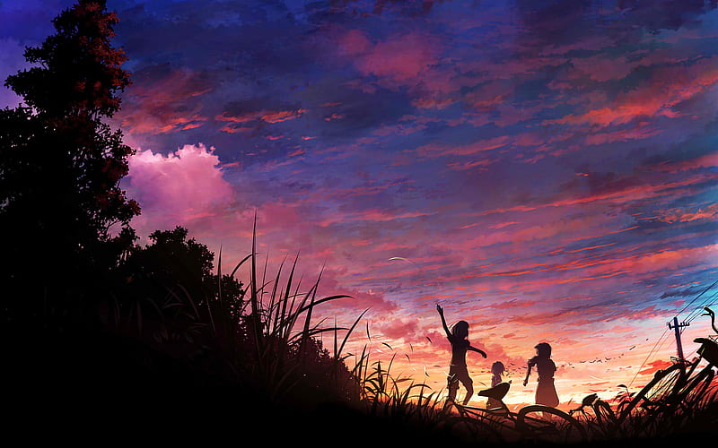 Another Perfect Day, childeren, sun, grass, perfect, clouds, anime, bike, evening, scenery, kids, forest, music, setting, fun, sky, plants, day, HD wallpaper