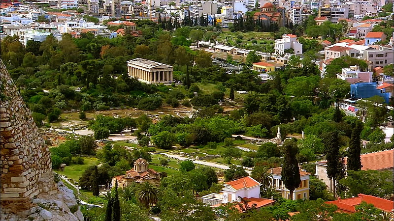 Agora of Athens, agora, grass, houses, travel place, acropolis, athens, trees, graphy, interest, air, temple, nature, aerial, greece, pretty, HD wallpaper